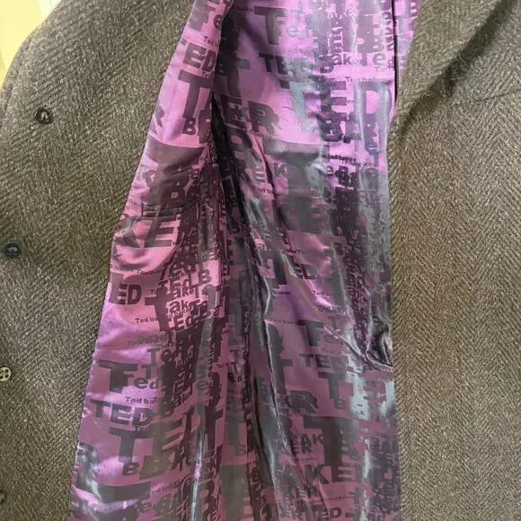 Ted Baker London Men’s Brown Herringbone Overcoat Velvet Collar Lined Coat Small - Picture 4 of 8